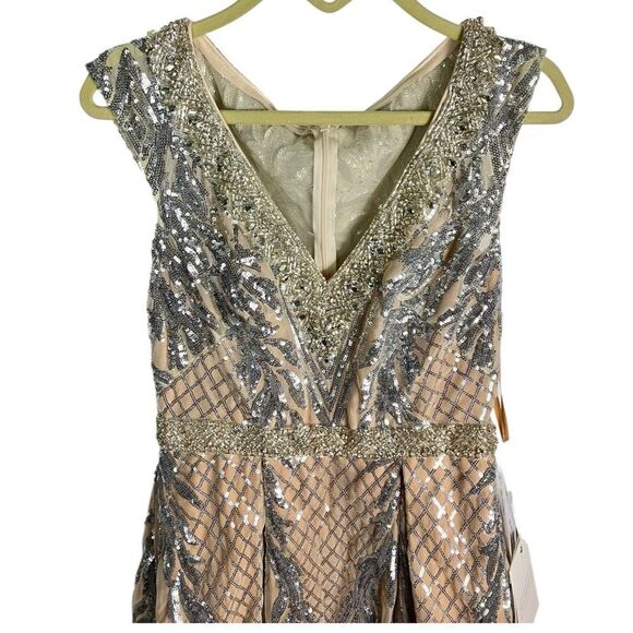 Mac Duggal 4 Nude Silver Cap Sleeve V Neck Midi Gown Art Deco Tea Length 67533 - Picture 3 of 16